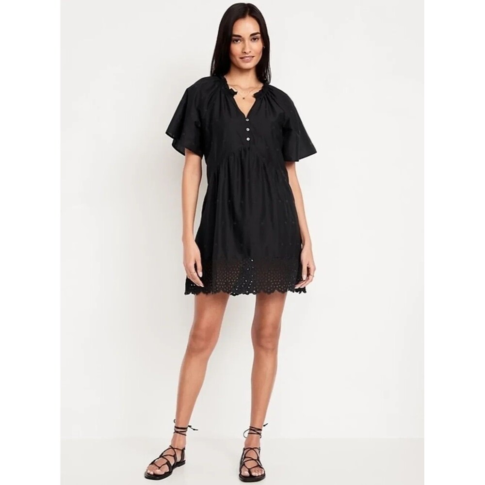 Old Navy Mini Dress Black Eyelet Flutter Sleeve Whimsigoth Boho medium new